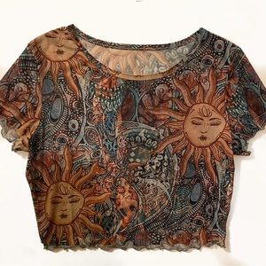 Shein Sun Print Lettuce Trim Mesh Top